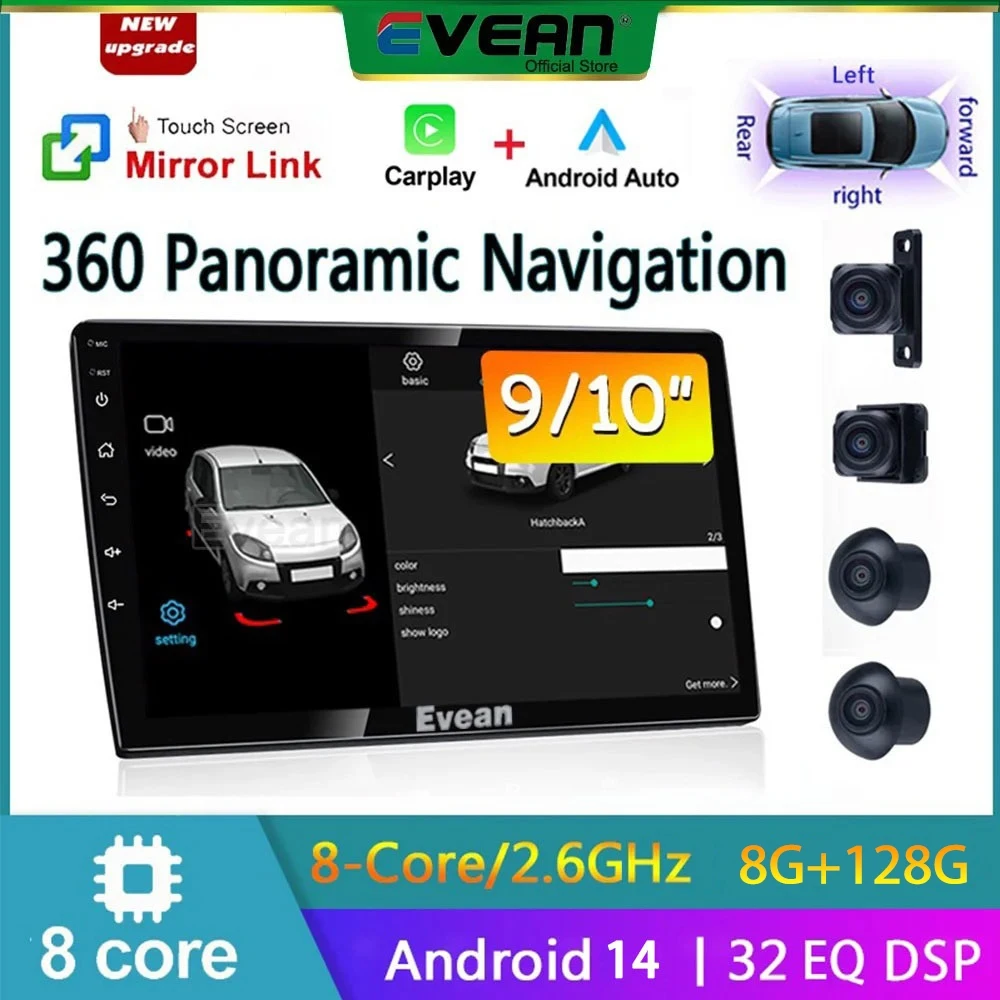 Фото Evean 8G 128G Восьмиядерный Android14 Автомобильный Радио Беспроводной Carplay Android Auto 2 din Мультимедийный плеер 360 Панорамная камера Система №1