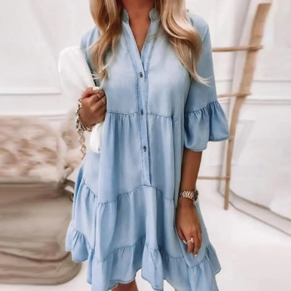 

Solid Color Mid Sleeves A-line Women Dress Stand Collar Ruffle Student Dress Loose Type Mid Sleeves Summer Dress for Daily