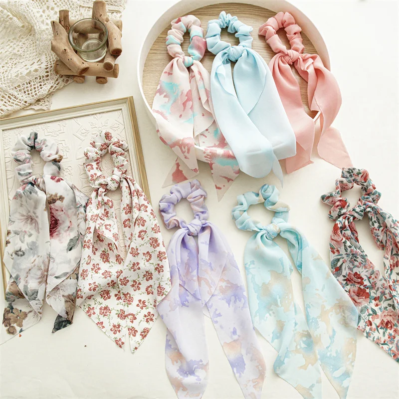 

New Fashion Floral Small Fresh Elastic Long Ribbon Hair Bands Ponytail Scarf Hair Tie Women Scrunchies Hair Accessories