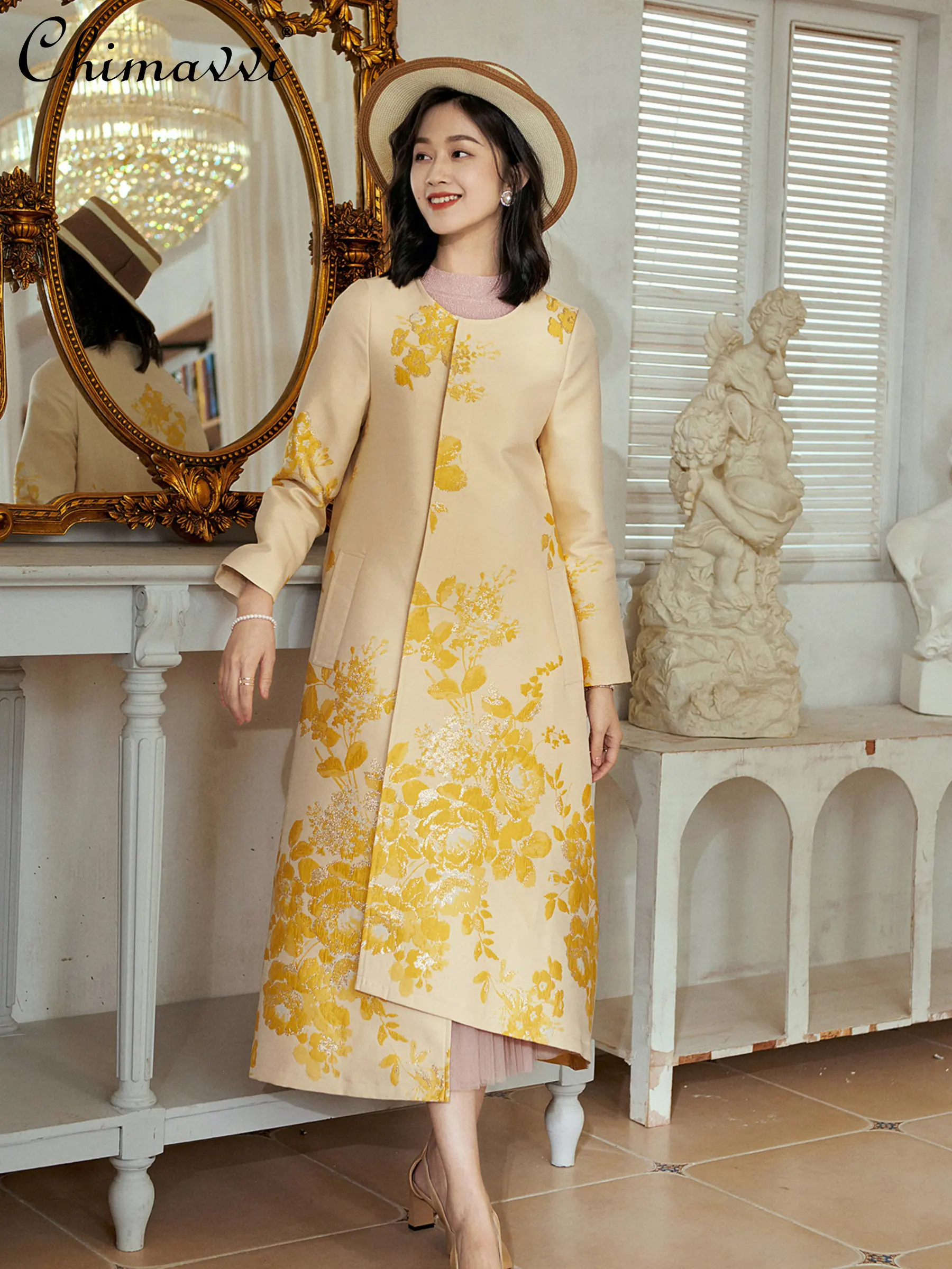 

High-End Women's Autumn Fashion Retro Solid Long Trench Coat Ladies 2022 Elegant Office Lady Simple Yellow Jacquard Windbreaker