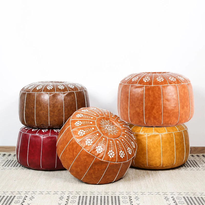 

Artificial PU Leather Pouf Craft Nordic Style Mandala Embroidery Ottoman Footstool Cover Moroccan Round Unstuffed Cushion