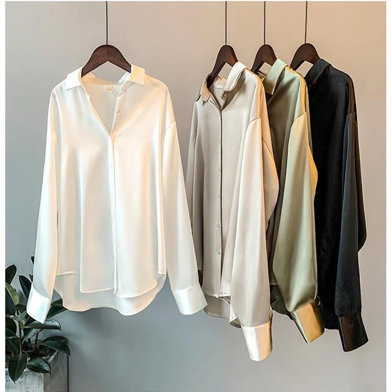 

spring SATIN Long Sleeve Blouse Button Up Shirt Women Summer 2023 New Female Elegant Ladies Tops High Quality Office Lady Silk