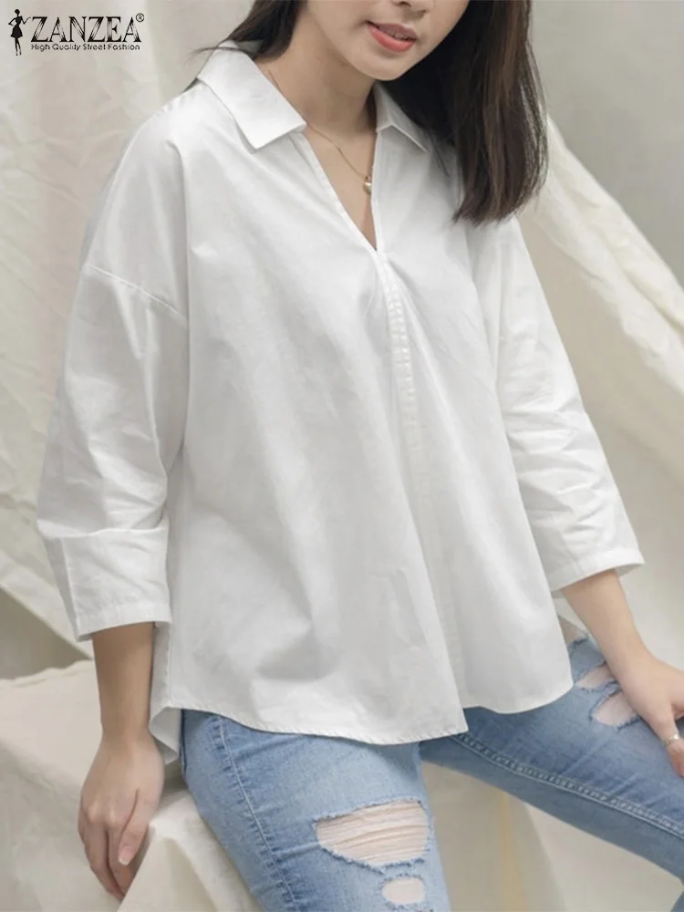 

Fashion Elegant Lapel Neck 3/4 Sleeve Casual Shirt 2023 ZANZEA Women White Blouse Summer Tops Tunic Female Work Party Blusas