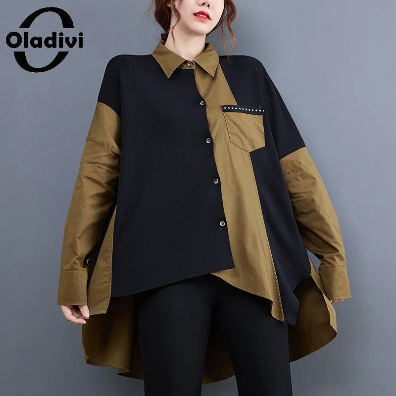 

Oladivi Oversized Women Blouses Short in Front Long in Back Shirts Lady Casual Loose Long Sleeve Top Tunic Large Size Blusa 7870