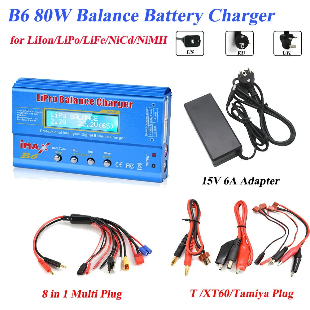 

iMAX B6 80W Charger Balance Battery Lipo NiMh Li-ion Ni-Cd Digital RC Discharger 8 in 1 Multi T/Tamiya/XT60 Plug 15V 6A Adapter