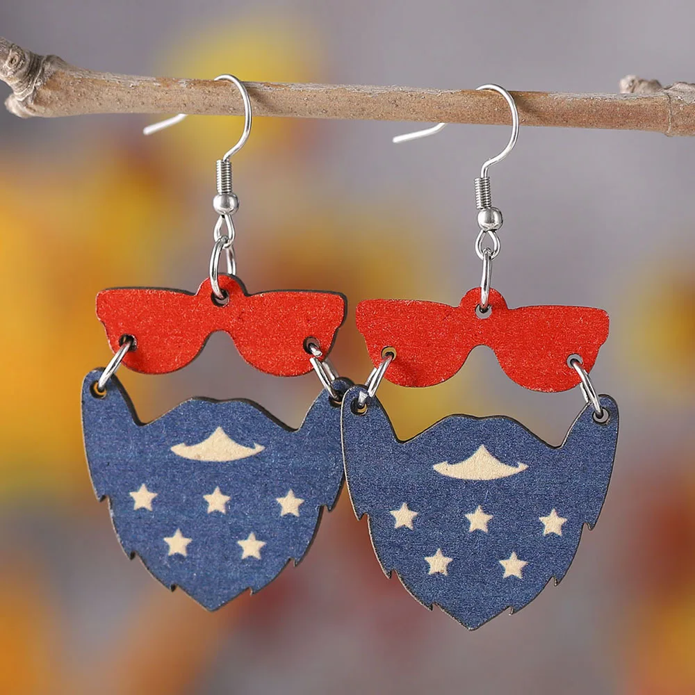 

Creative Wood Independence Day Earrings American Flag Star Sunflower Flower Ring Beard Grandpa Pattern Earrings