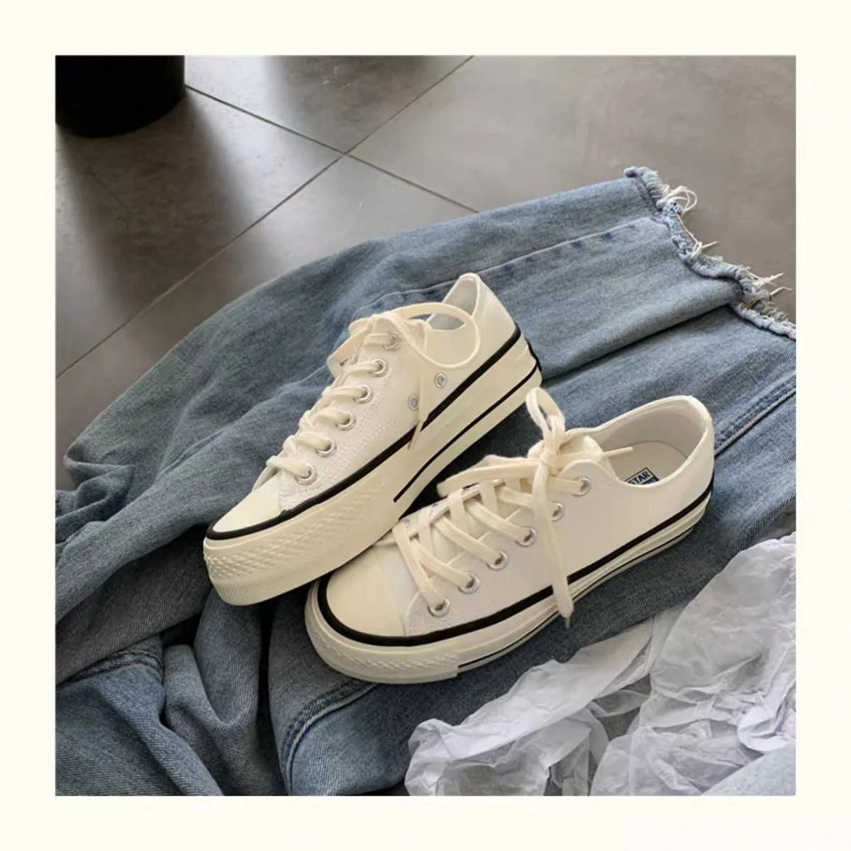 2023 Summer Women's Shoes Vulcanized Low Top Thick Sole Canvas Shoes Ins Versatile Tidal Increase Small White Board Shoes Women