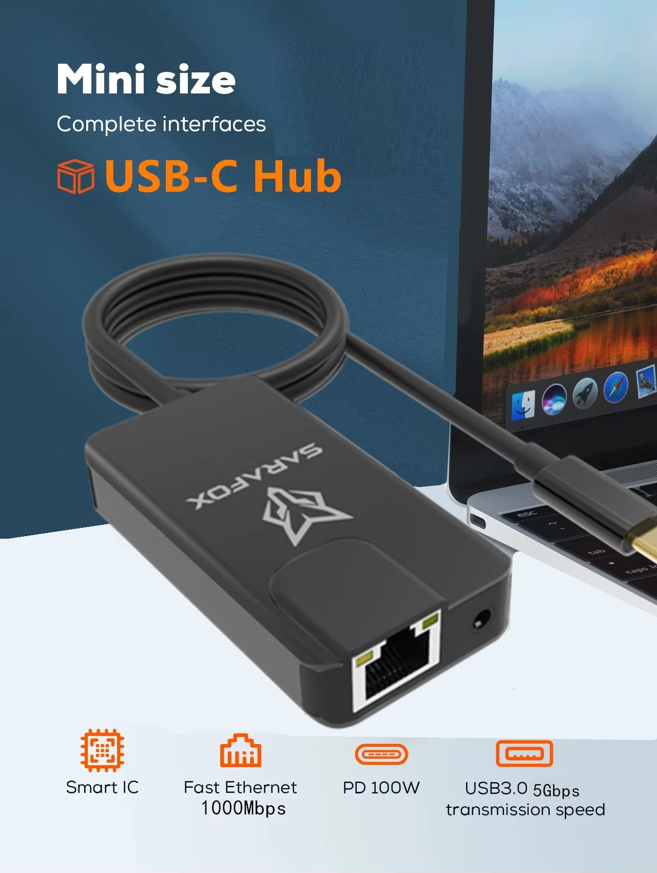Sarafox 5in1 USB-C 3 5 мм аудио с сетью Rj45 1000 Мбит/с быстрое зарядное устройство PD 100 Вт для