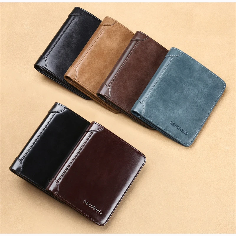 Men's Wallets RFID Genuine Leather Trifold Short Wallets For Man with ID Window Vintage Thin Credit Card Holder Purse Money Bag