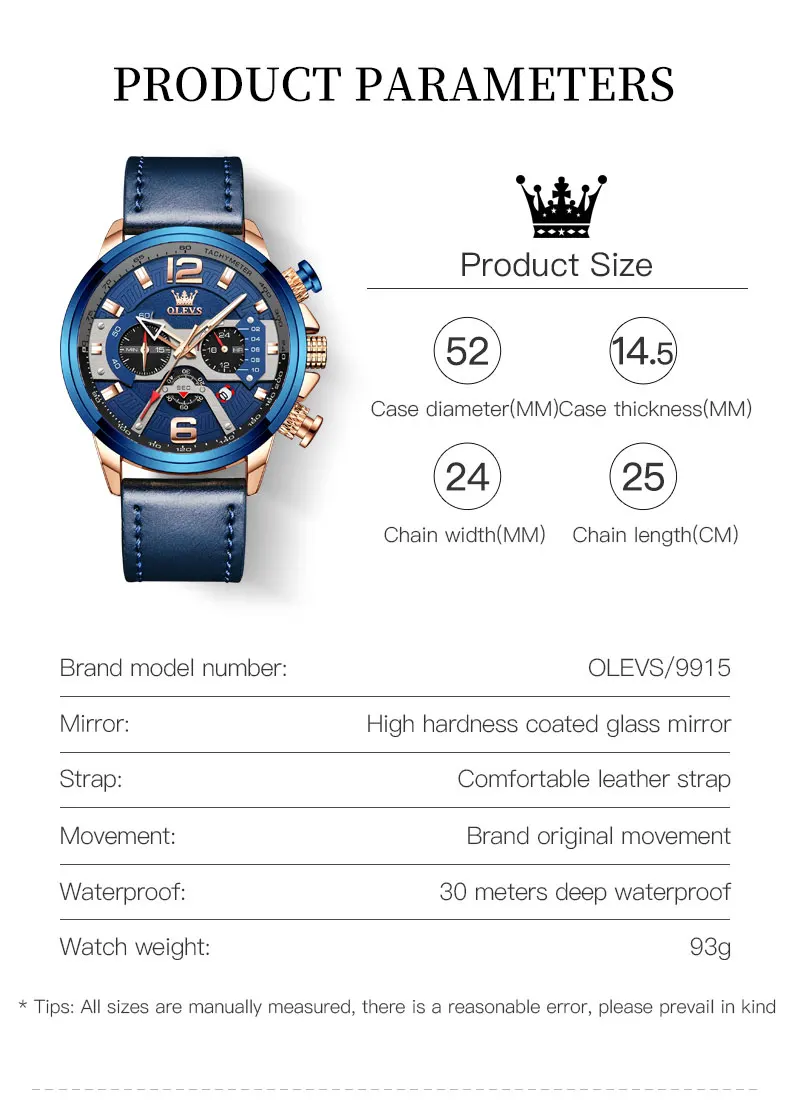 Модные брендовые мужские часы роскошные кварцевые с кожаным ремешком синие