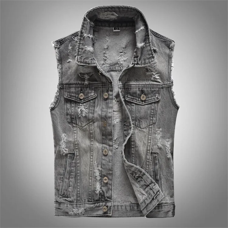 

Denim Youth Casual Jacket Lapel Ripped Men's Vest Denim Motorcycle Gray 2023 Autumn Spring/summer