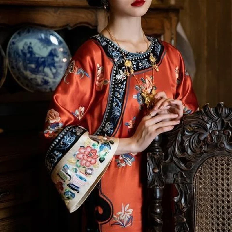 

Chinese Qing Dynasty Qipao Red Hanfu Cloak Cheongsam Dress China Imitation Costume Women's Clothing Oriental Embroidery Dresses