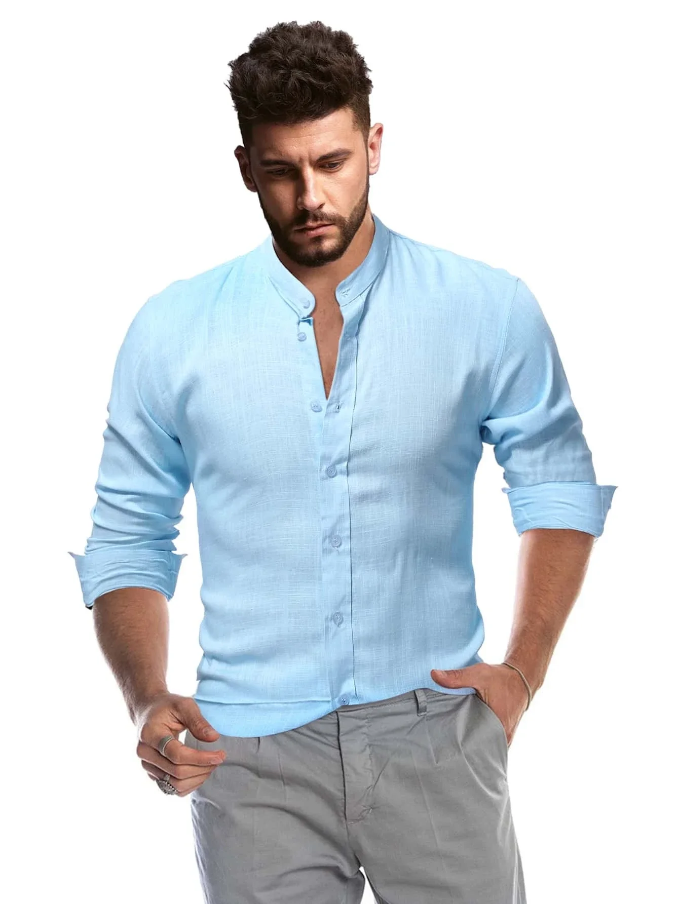 

Men Stand Neck Button Up Shirt