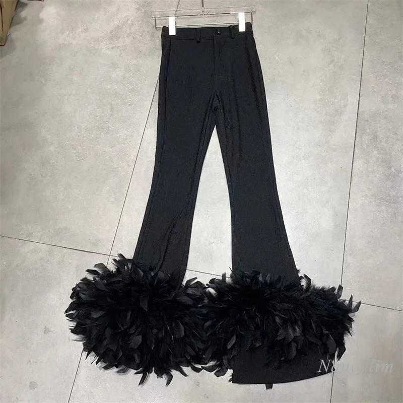 High Waist Street Slimming Stretch Trousers Stitching Feather Bell-Bottom Pants for Women Slim Summer Autumn Black 2022