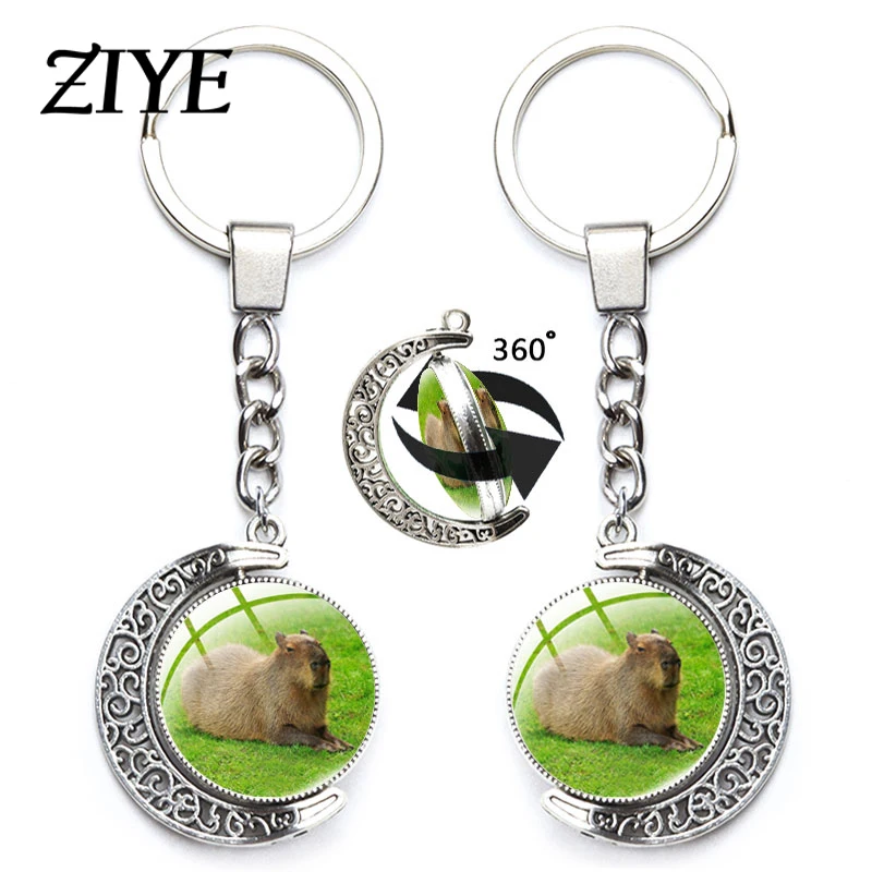 

Cute Capybara Pendant Keychains Cartoon Animals Glass Cabochon 360 Degrees Rotated Moon Key Rings Animal Lovers Gift Accessories