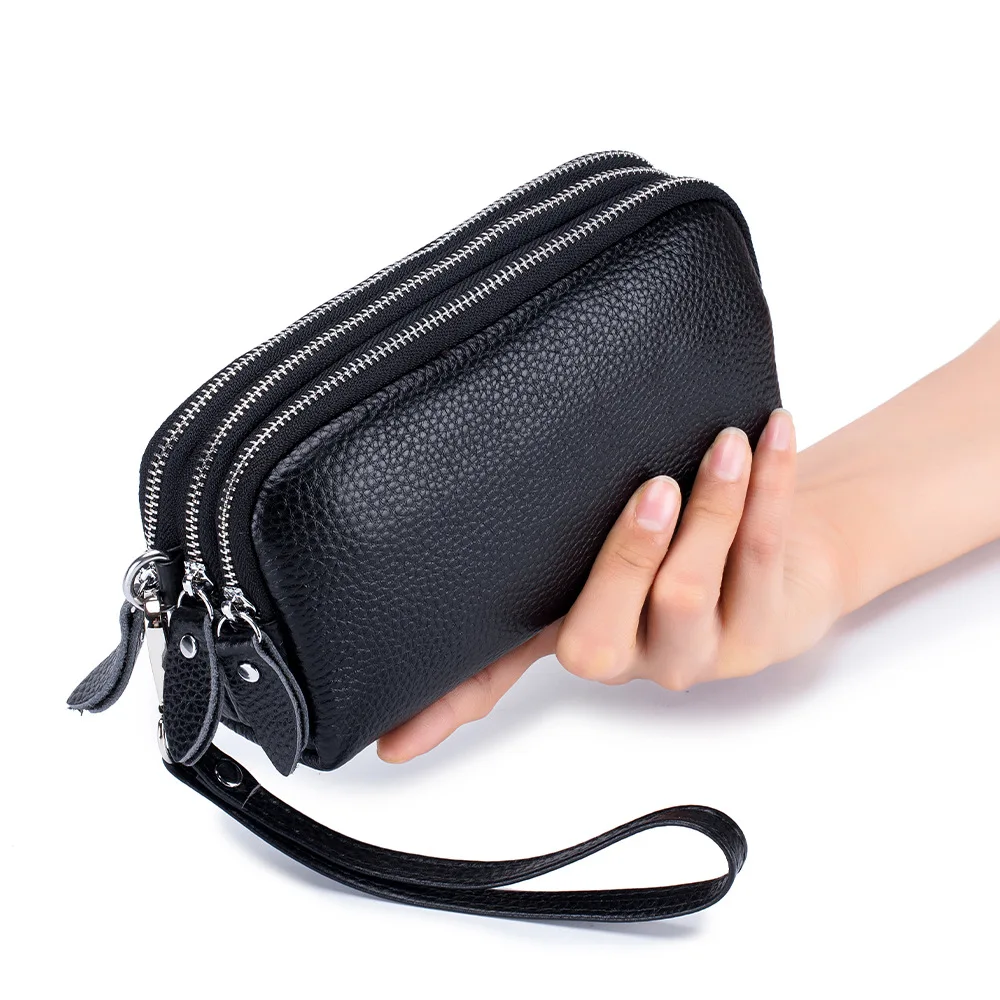 

Fashion Genuine Leather Women's Clutch Simple Three Zipper Wrist Bag Bank Credit Card Wallet Large Capacity Coin Purse