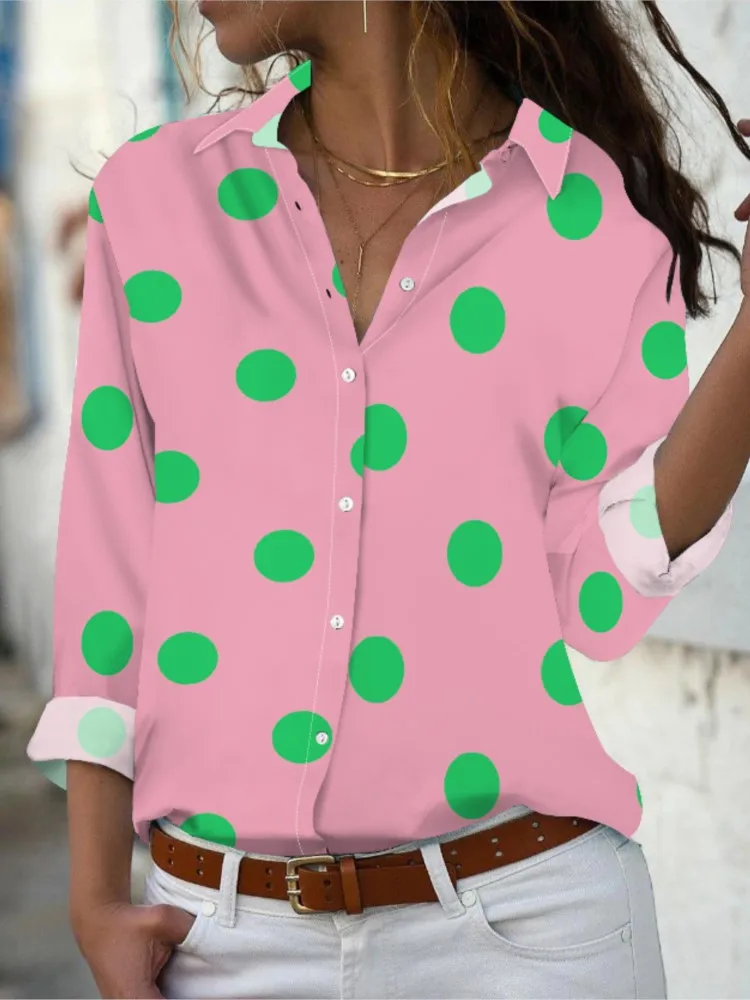 

Elegant Women Shirt Fashion Polka Dots Print Long Sleeve Office Button Shirts Casual Tops Pring Summer Lady Blouses Top Female