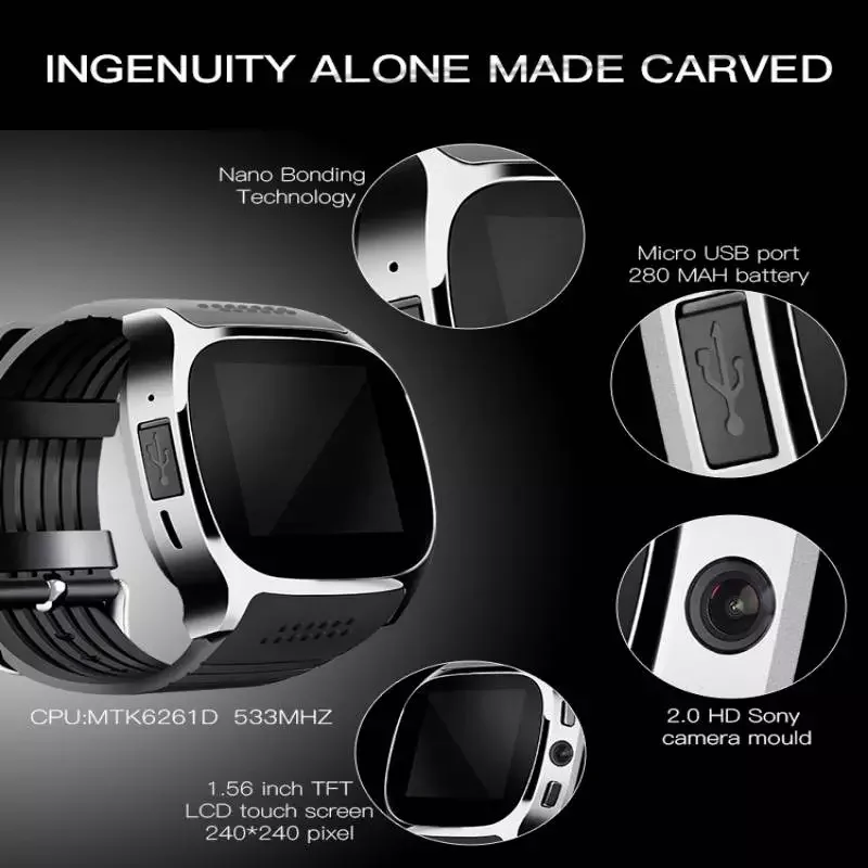 

T8 Smart Watch Bluetooth Fitness Tracker Sport Heart Rate Monitor Blood Waterproof With Metal Strap Sim TF Card for Android IOS