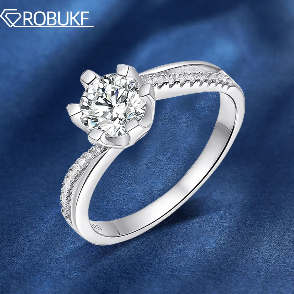 

S925 Sterling Silver 1ct D Color Moissanite Ring for Women Six-claw Classic Crown Proposal Rings Lab Grown Diamond Wedding Band