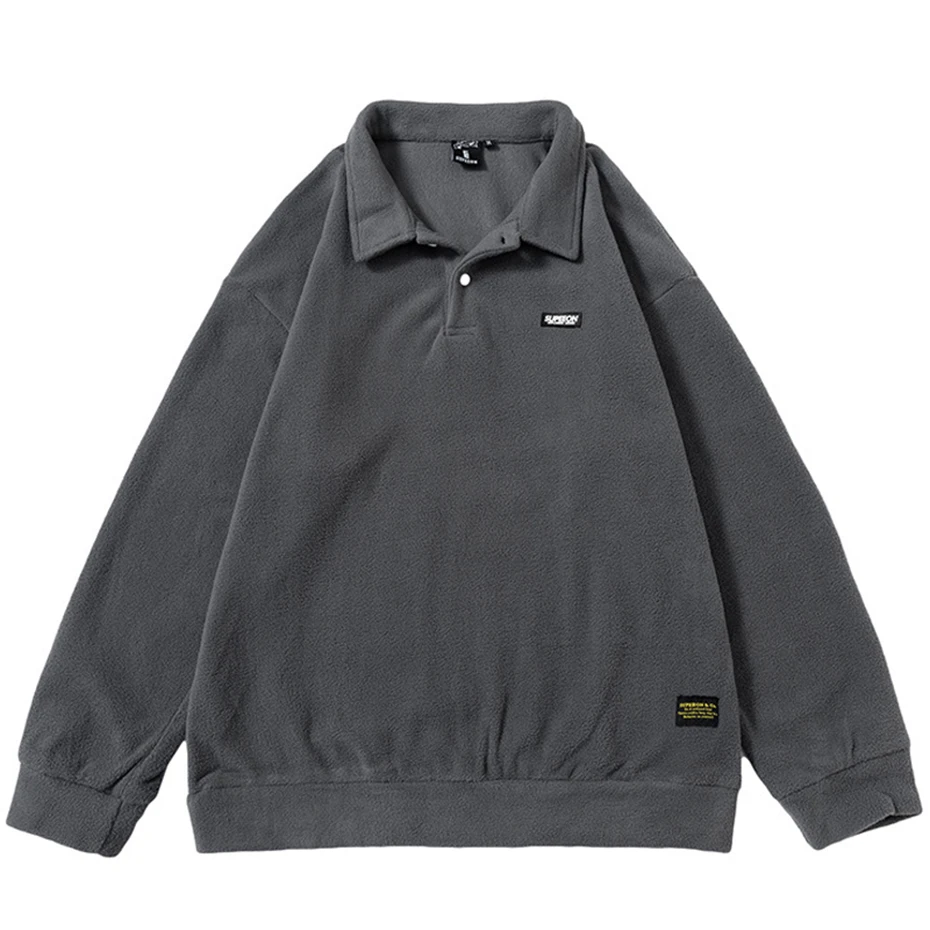 

Fleece Sweatshirts Men Black Gray Korean Fashion Hoodie Polo Collar Loose Casual Sweatshirt Pullovers Tracksuit