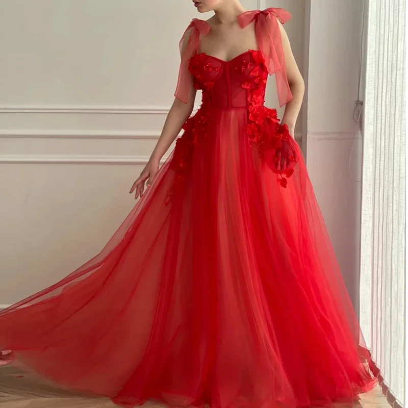 

Elegant Red Tulle A Line Prom Dresses Long Adjust Ties Straps 3D Flowers Beads Floor Length Evening Gowns 2022 Bride Dress