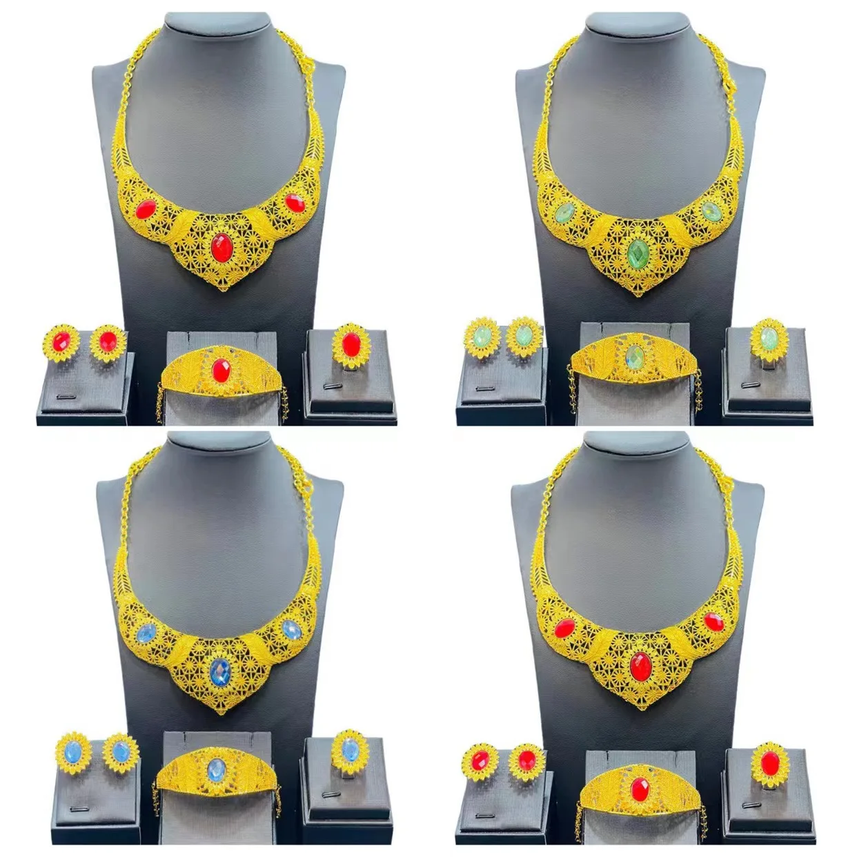 

African Gold New Jewelry Set Women Necklace Earrings Ring Bracelet Four Piece WAS10298