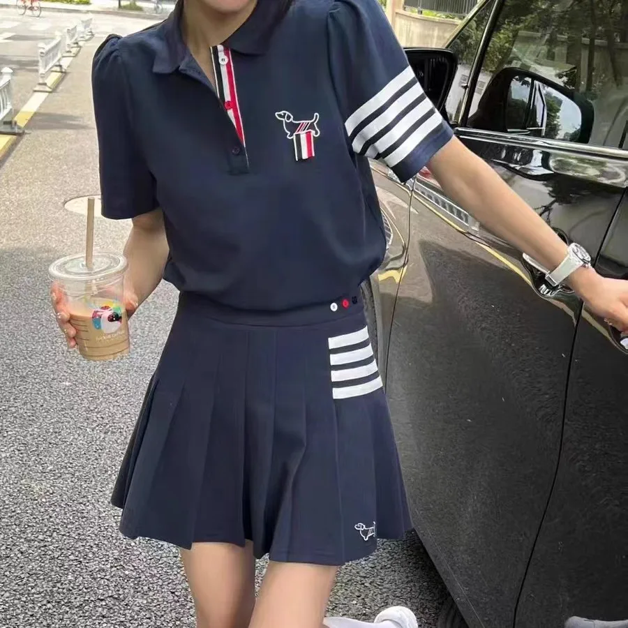 

Golf Women's Casual Set Polo Shirt+Skirt Dog Embroidery 2-Piece Set Korean Design Polo Top+Mini Dress