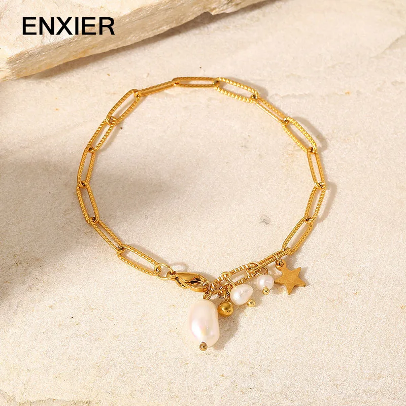 

ENXIER Fashion Classic Star Pearl Pendant Bracelet For Women 316L Stainless Steel Gold Color Cross Chain Bracelet Female Jewelry