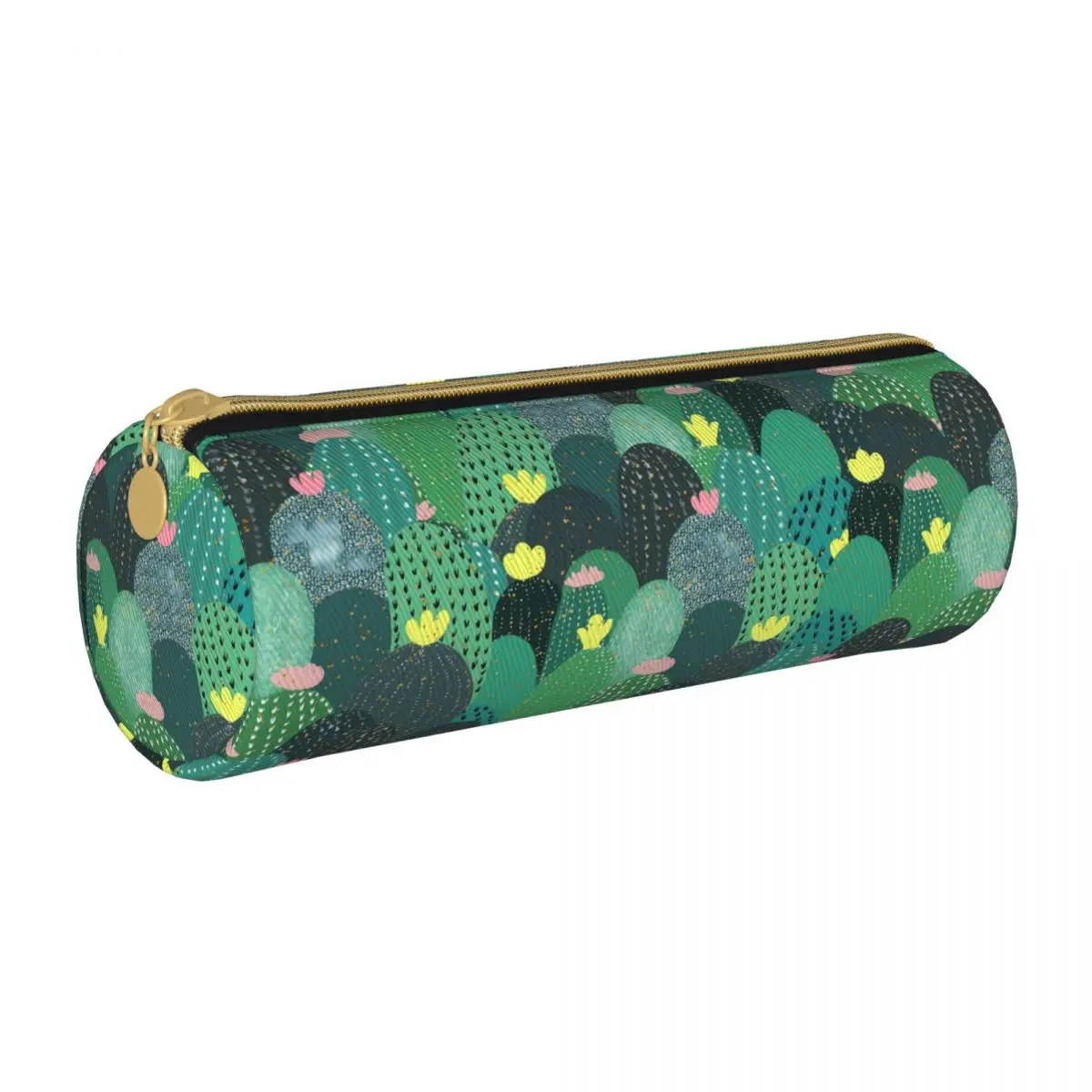 

Green Cactus Round Pencil Case Floral Print University Teenager Leather Pencil Box Kawaii Zipper Pen Bag