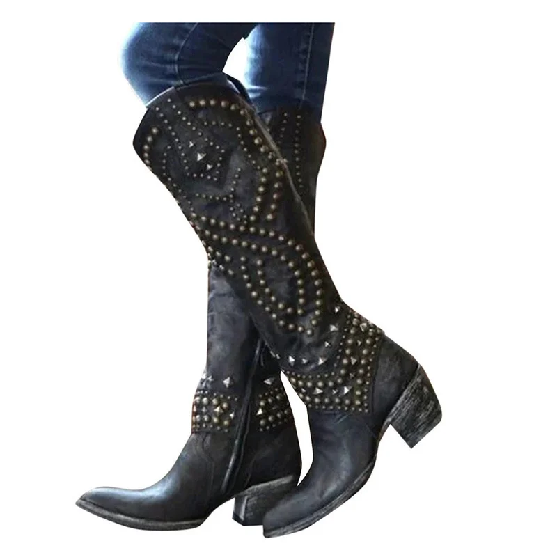 Western Cowboy Boots For Women 2022 Winter Chunky Heel Fashion Rivet Pointed Toe Knee High Boots Female Shoes Plus Size 43