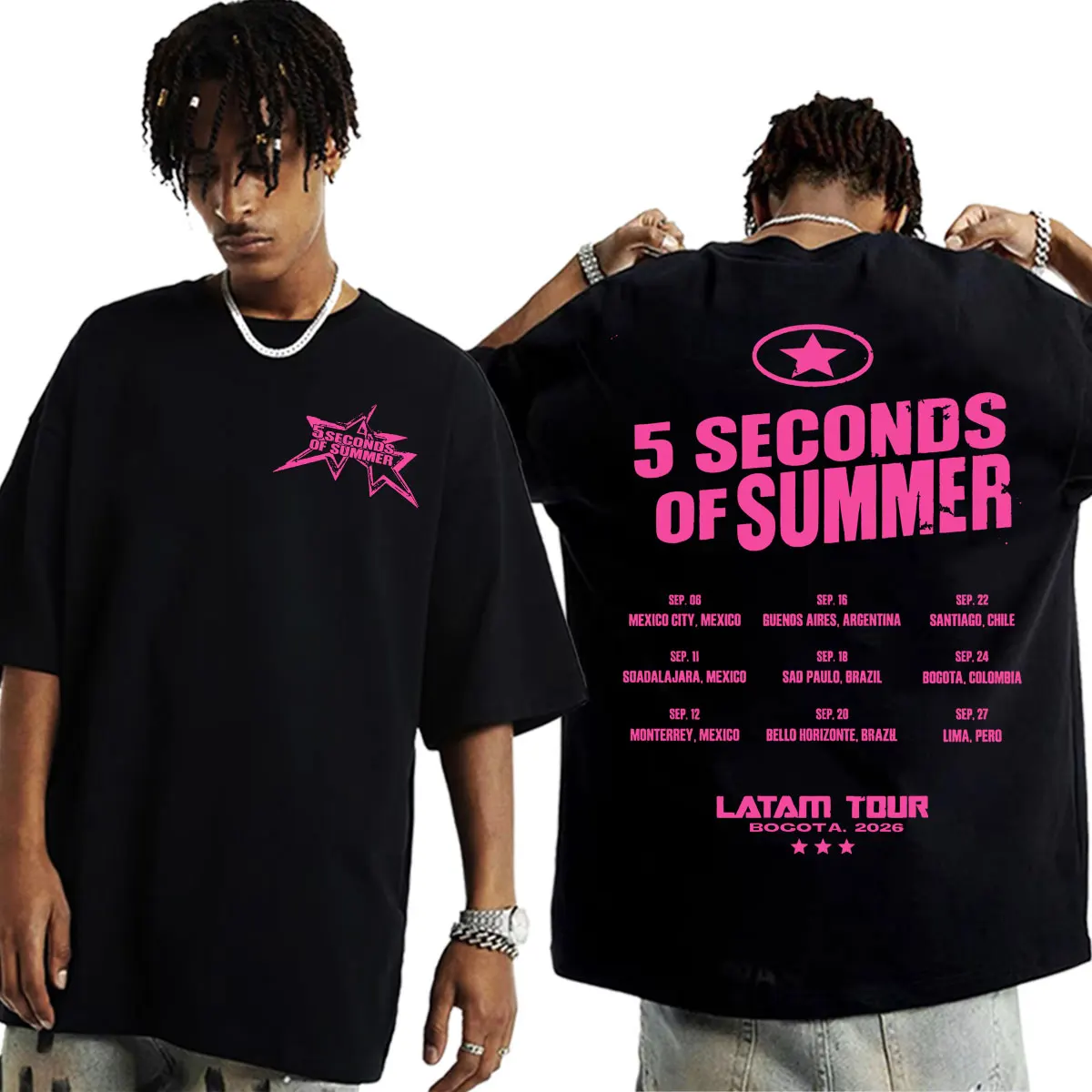 Фото Футболка 5 Seconds of Summer Everyone's A Star Latam Tour 2026 для мужчин и женщин, модная, в стиле хип-хоп и панк, летние топы, футболка с круглым вырезом №1