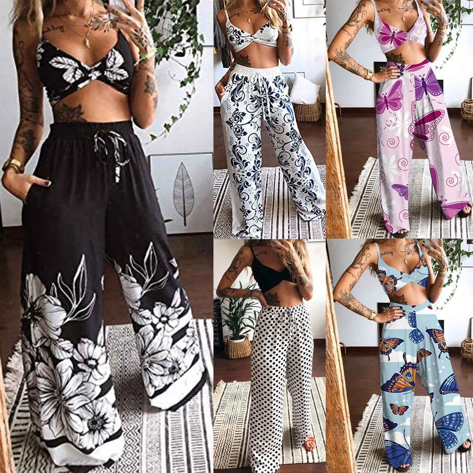 

Ladies Bohemian Xia Literary Print Sling Twist Sleeveless Wide Leg Pants Street Trendy Suit 2022 New Sexy Sling Navel Suit