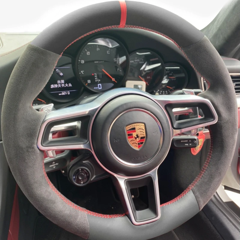 

For Porsche Cayenne Macan Panamera Boxster 911 DIY Leather suede hand sewn steering wheel cover car handle cover
