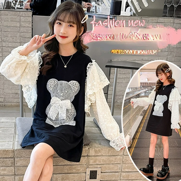 

Girls dress spring 2022 new long-sleeved casual western style lace princess dress