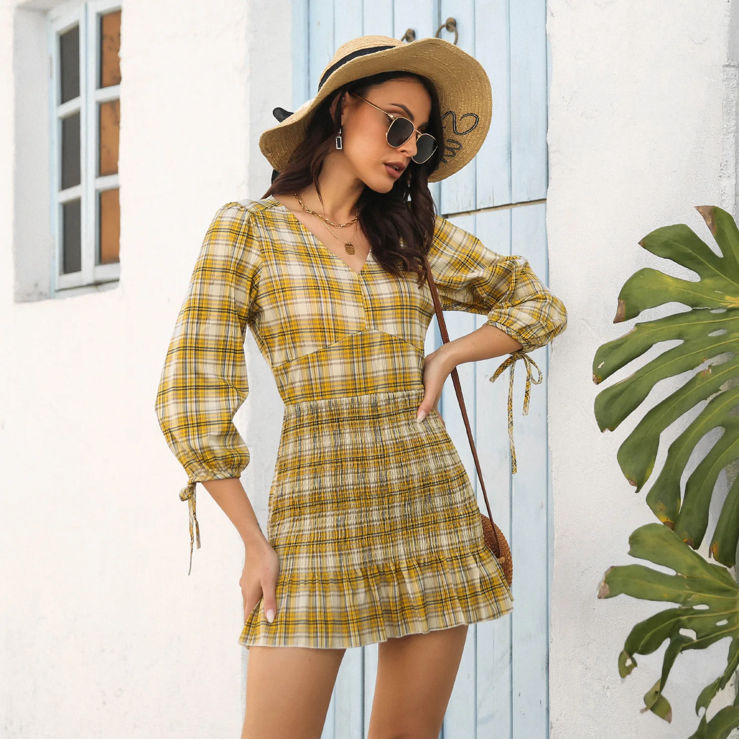 

New women's clothes in autumn and winter 2022, women's Ruffle Dress plaid, mini short dress, popular, thin temperament