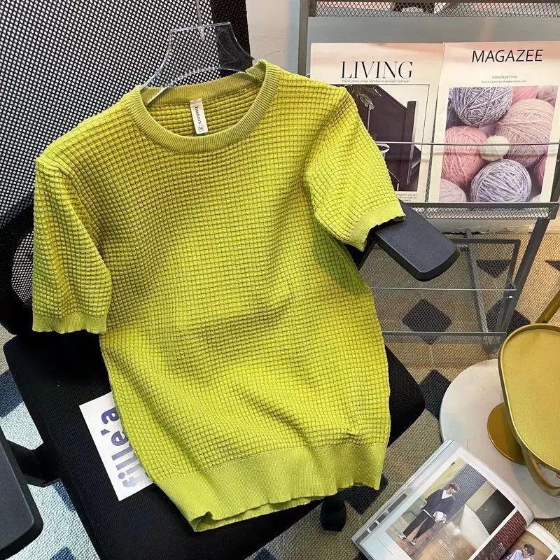 

2022 Summer Men's Fashion Ice Silk O-neck Knitted Tees Male Slim Fit Short Sleeves Tops Men Solid Color Casual T-shirt A114