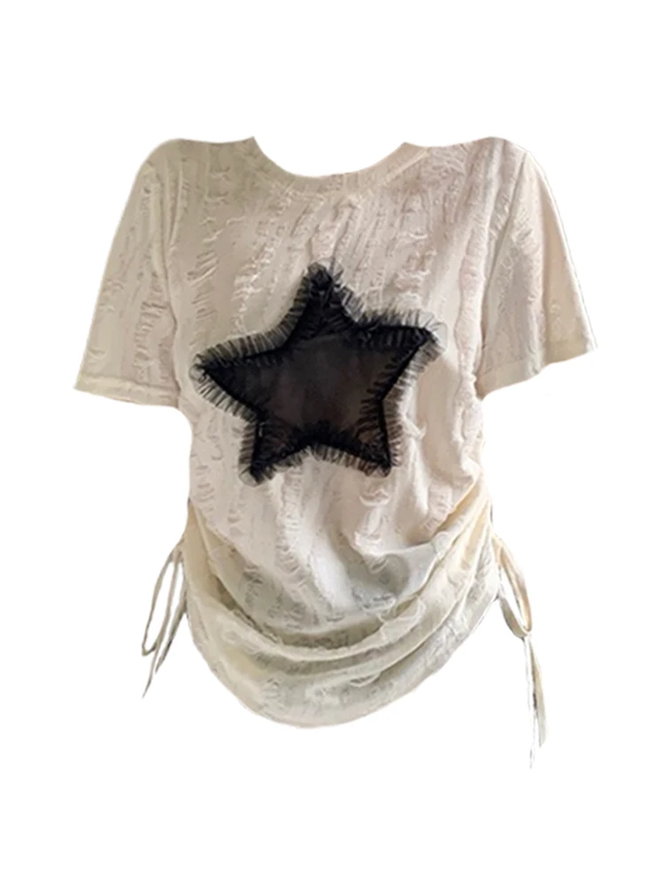

Cotton Drawstring Short Sleeve T-shirt Women's Summer Embroidery Star Graphic O-Neck New Casual Tees American Retro Crop Top