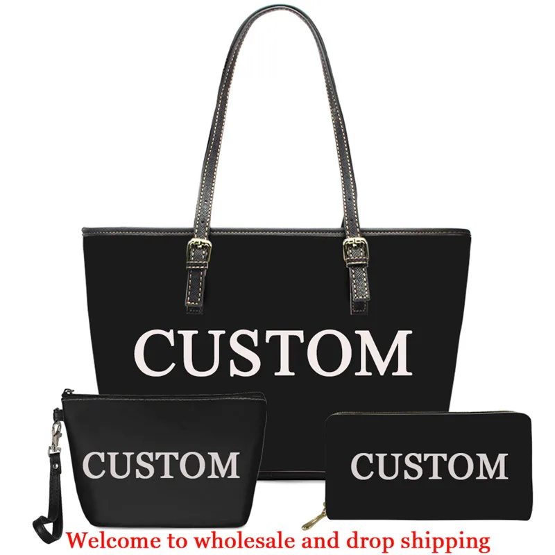 

Printed Women's Bags Custom Your Name Image Logo Handbags and Wallet Set PU Leather Shoulder Purse Set Large Beach Zipper Bags
