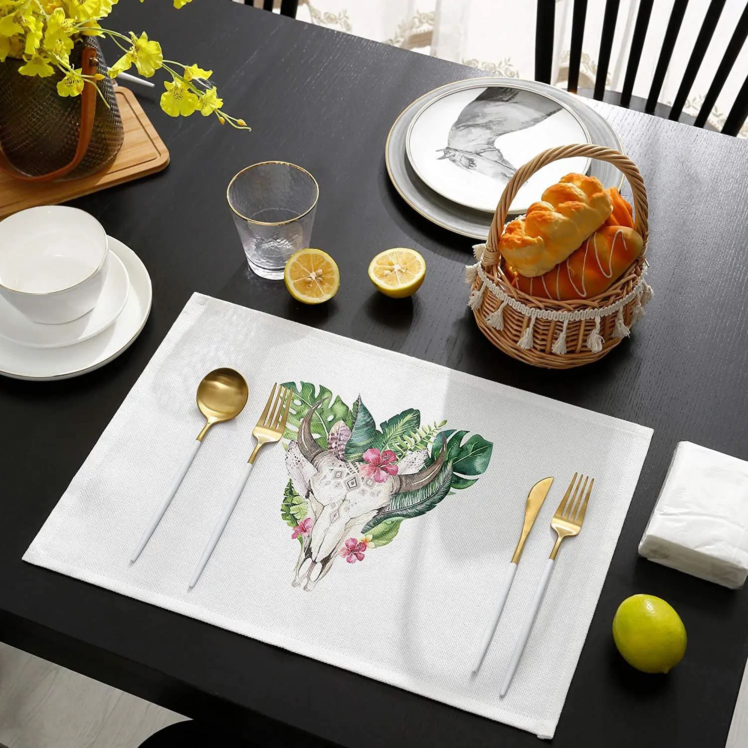 

Placemats for Dining Table- Animal Skull Bone Flower Tropical Plant Palm Leaf Table Mats Washable Modern Indoor Placemats