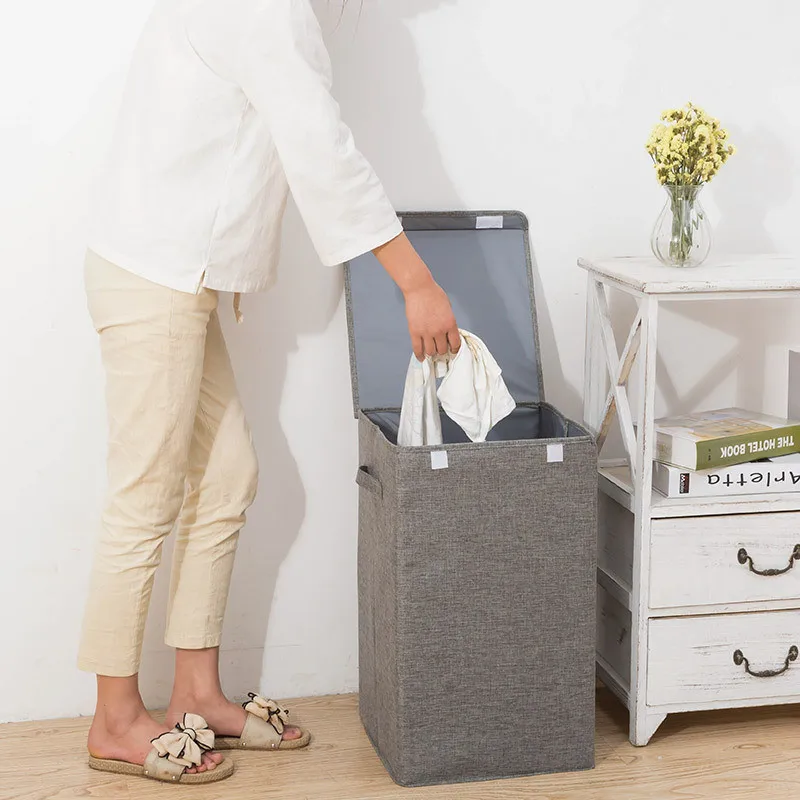 

Cotton Linen Laundry Basket with Cover Large Capacity Bathroom Storage Basket Household Collapsible Waterproof Laundry Hamper