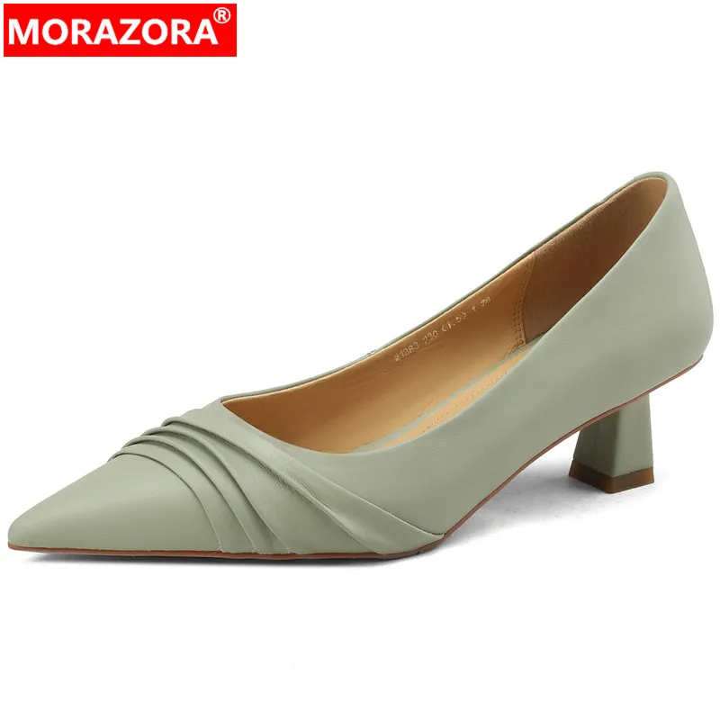 

MORAZORA 2023 New Pleated Sheepskin Shoes Woman Classics Ladies Dress Shoes Slip On Shallow Thick Med Heels Pumps