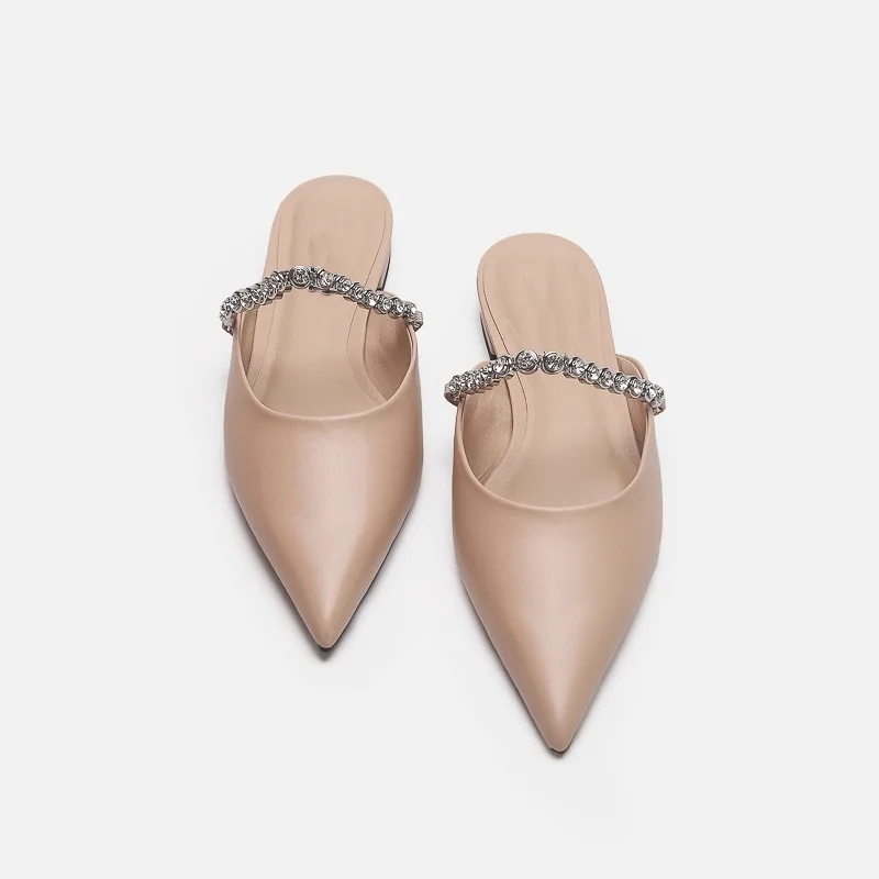 Bling Flats Mules Shoes Women Pionted Toe Shining Chain Flip Flops Summer Sandals Outdoor Office Ladies Shoes Handmade