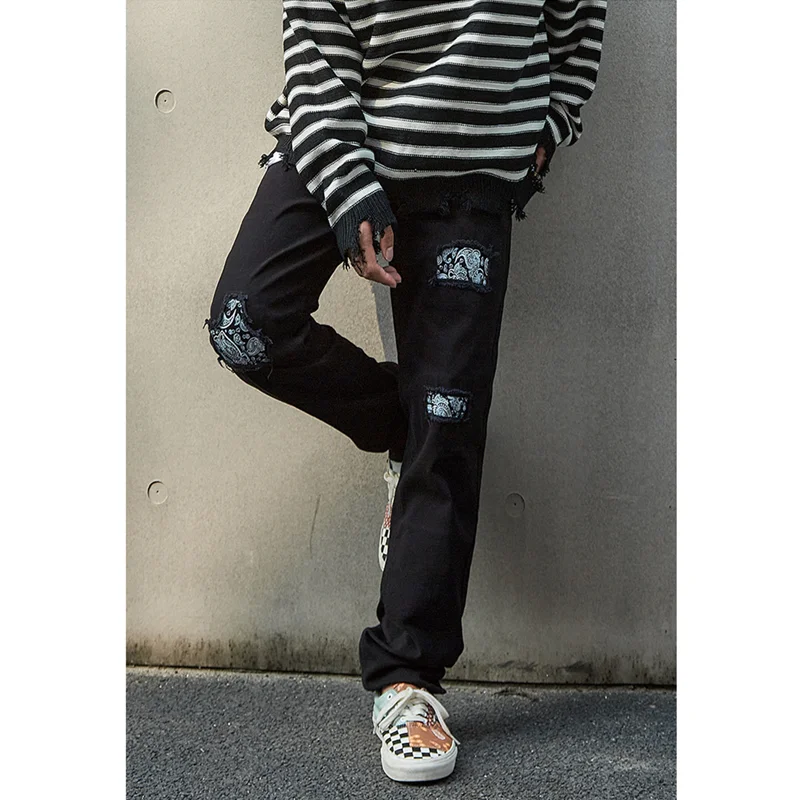 Streetwear Men 2022 Autumn High Street New Pattern Self-cultivation Black Straight Cylinder Recreational Ripped Jeans Female
