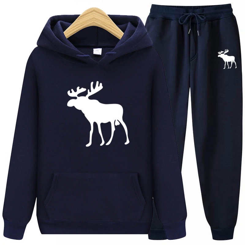 

2023 Lovely Sika Deer Print Kangaroo Pocket Tracksuit Set Long Sleeve Hoodie+Drawstring Trousers Women Two Pieces Matching Suits