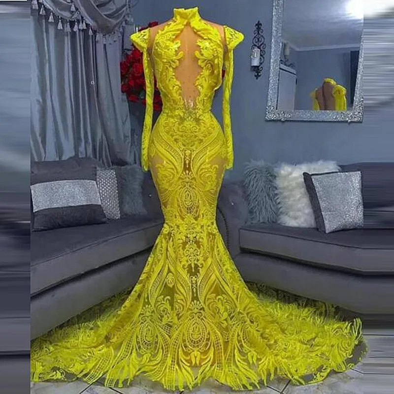 

Yellow Sequined Mermaid Evening Dress With High Neck Long Sleeves Lace Aso Ebi Styles African Women Prom Dress For Photo Shoots