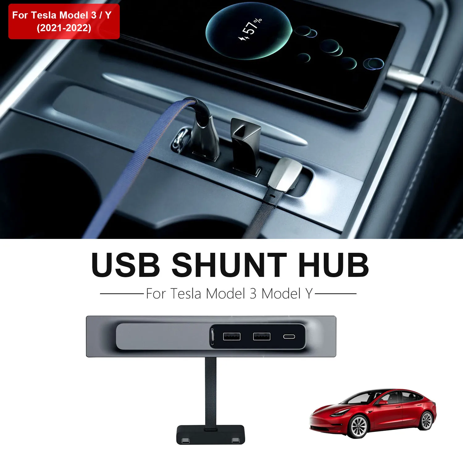 

Для Tesla Model 3 Y 2021 2022 27 Вт Быстрое зарядное устройство USB Shunt Hub Интеллектуальная док-станция Автомобильный адаптер Powered Splitter Extension