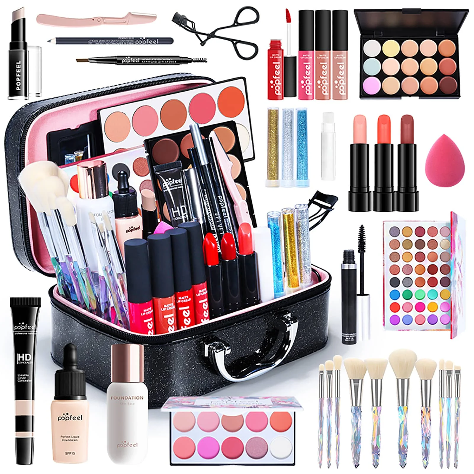 All In One Makeup Kit(Eyeshadow, LiGloss,Lipstick,Brushes,Eyebrow,Concealer)Beauty Cosmetic Bag Professional Travel Makeup Set