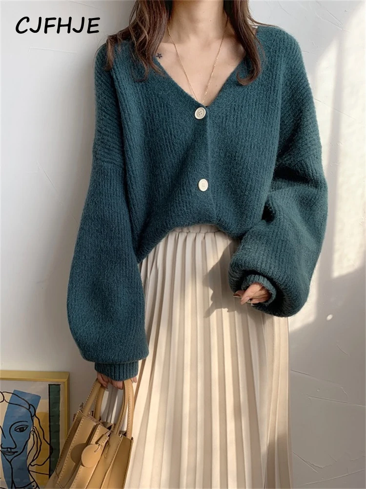 

CJFHJE Women's Knitting Sweaters Winter Korean Retro Fashion Casual Long Sleeve Loose Knitted Outerwear Pullover Cardigan Female