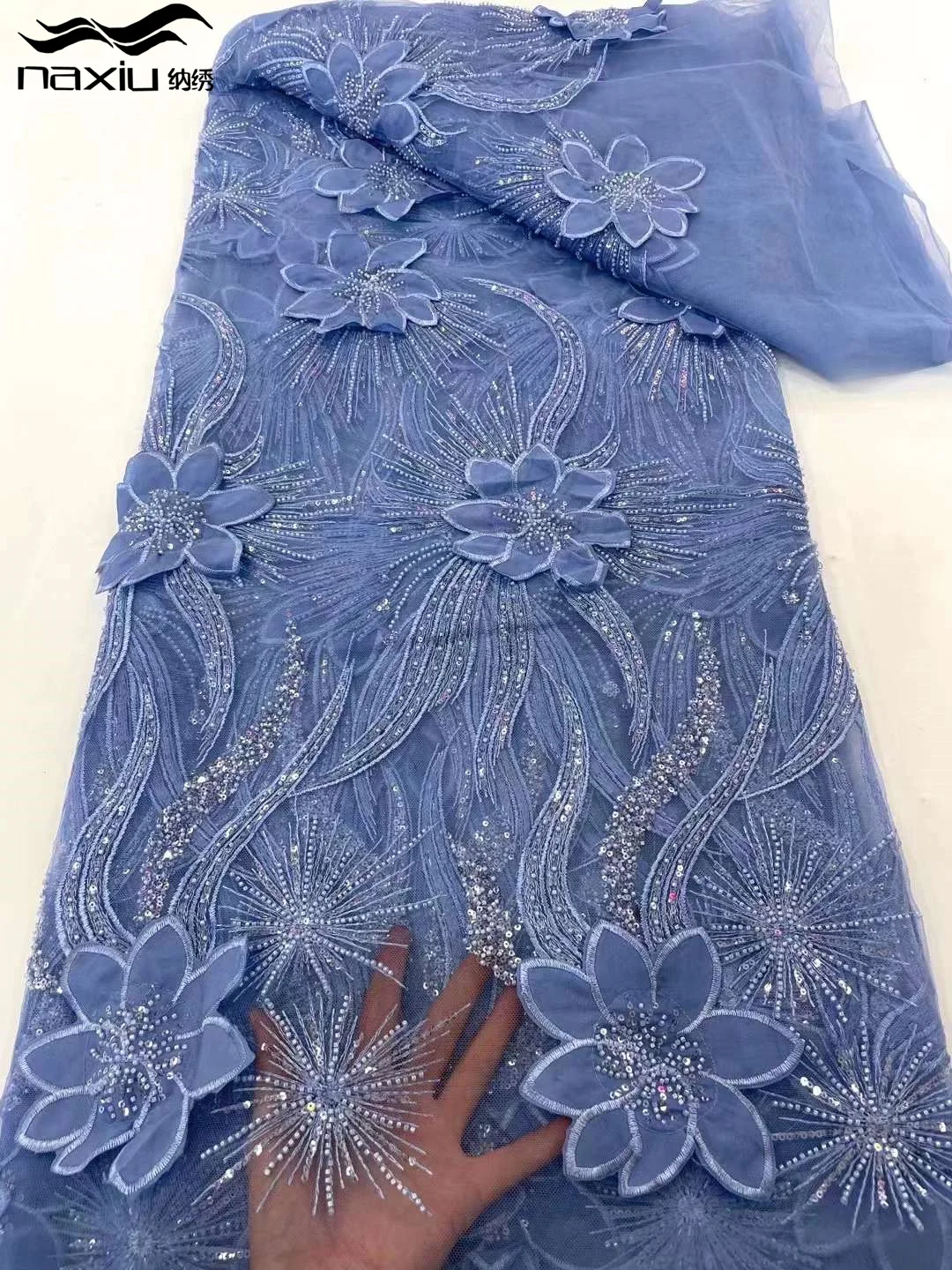 

Madison 2023 новейшая королевская африканская 3D кружевная ткань ручной работы с бисером французская сетчатая кружевная ткань Цветочная вышивка бусины для свадьбы Sewi