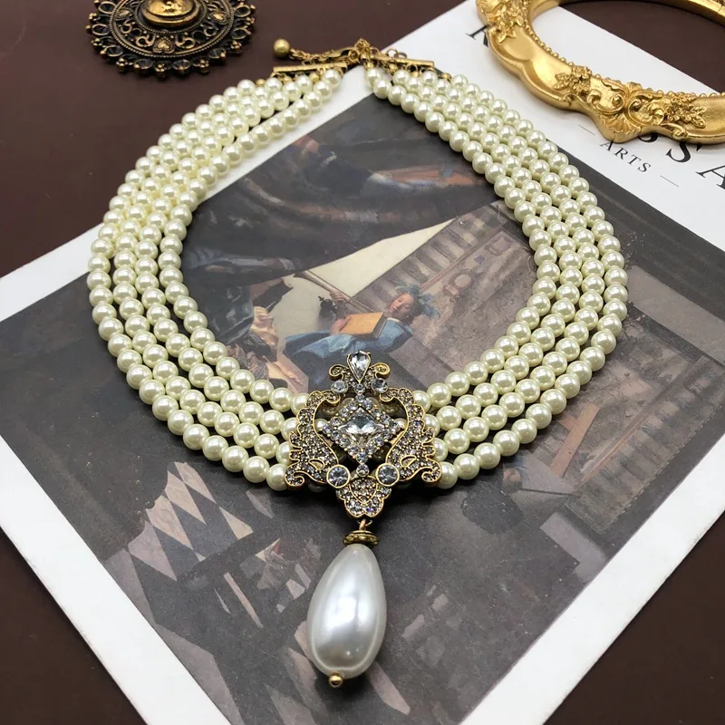 

Vintage Palace Style Multi layered Glass Beads Water Drop Pendant Necklace, Ear Studs, Ear Clips